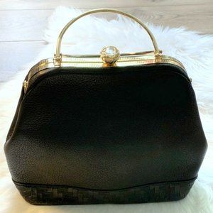 NEW Retro 50's Vintage-Look Black Large Satchel Crystal Clasp Handbag